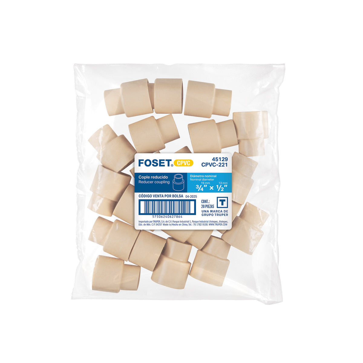Cople reducción de CPVC de 3/4 x 1/2', FOSET
