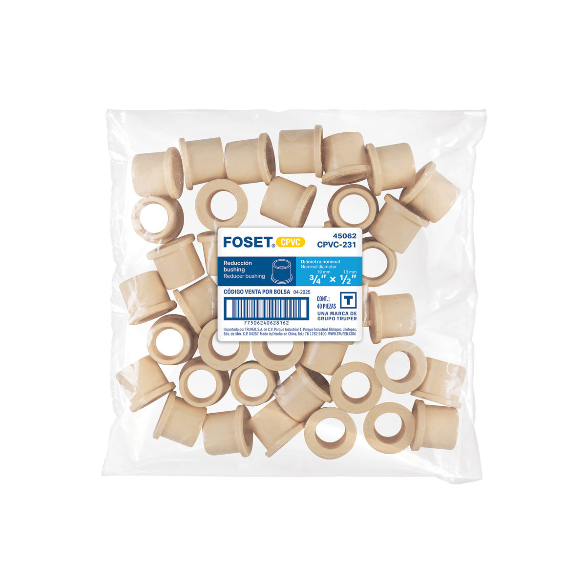 Reducción bushing de CPVC 3/4' x 1/2', FOSET 3/4', 1/2'