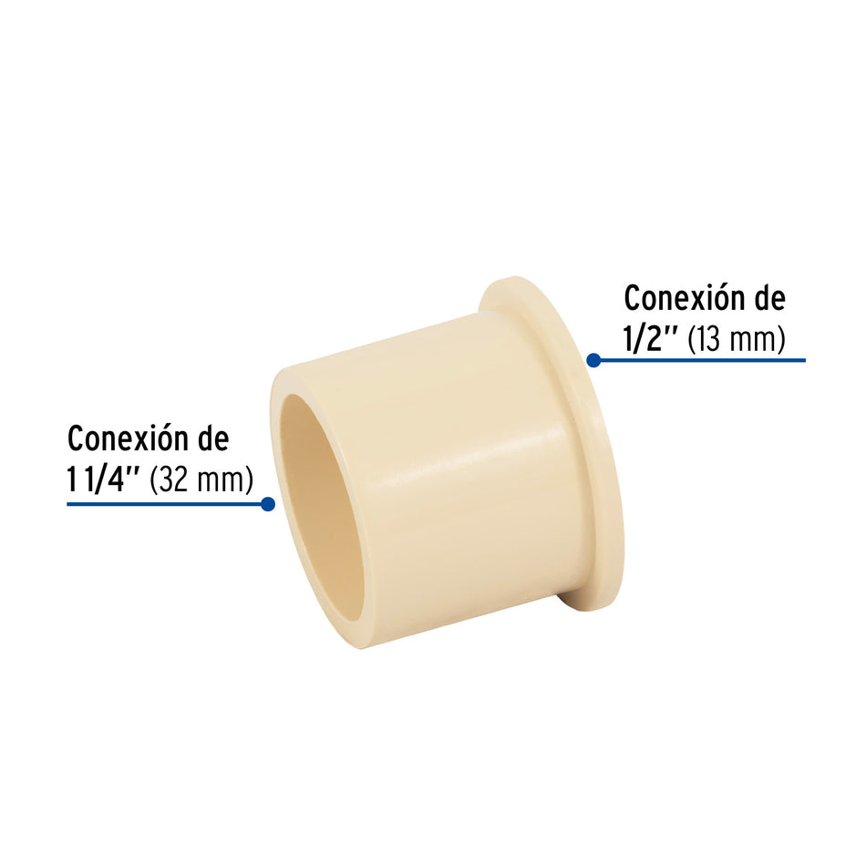 Reducción bushing de CPVC 1-1/4' x 1/2', FOSET 1/4', 1/2'