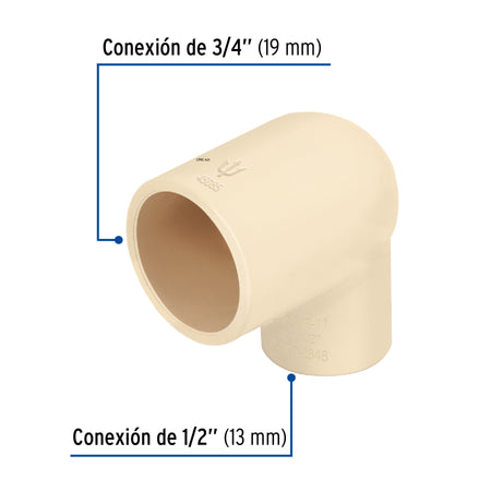 Codo reducción 90° de CPVC de 3/4' x 1/2', FOSET