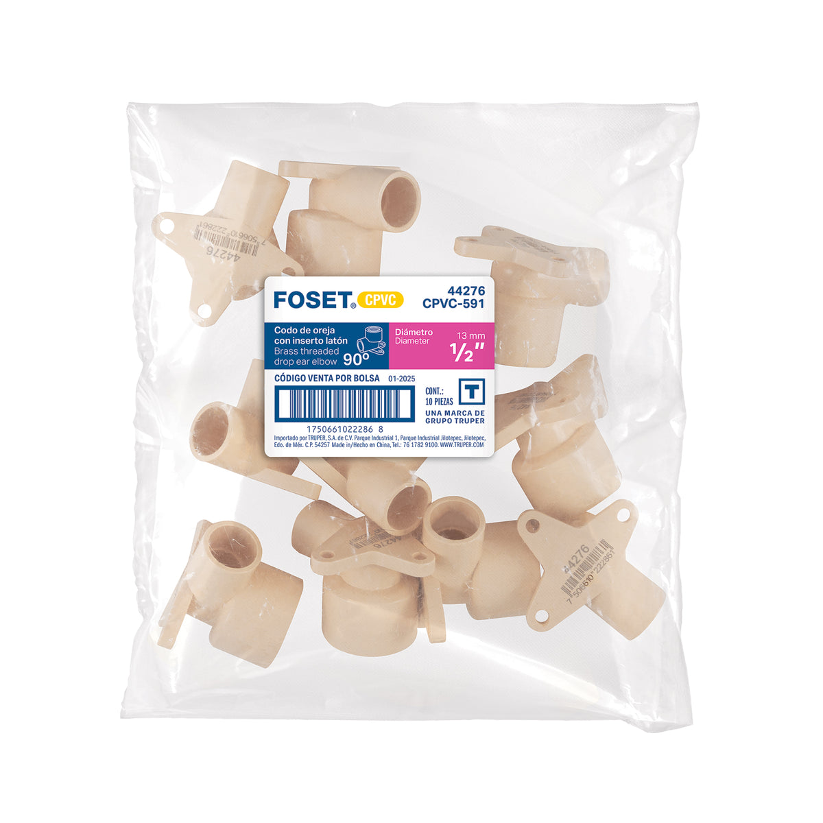 Codo oreja 90° CPVC 1/2" inserto metalico-laton FOSET