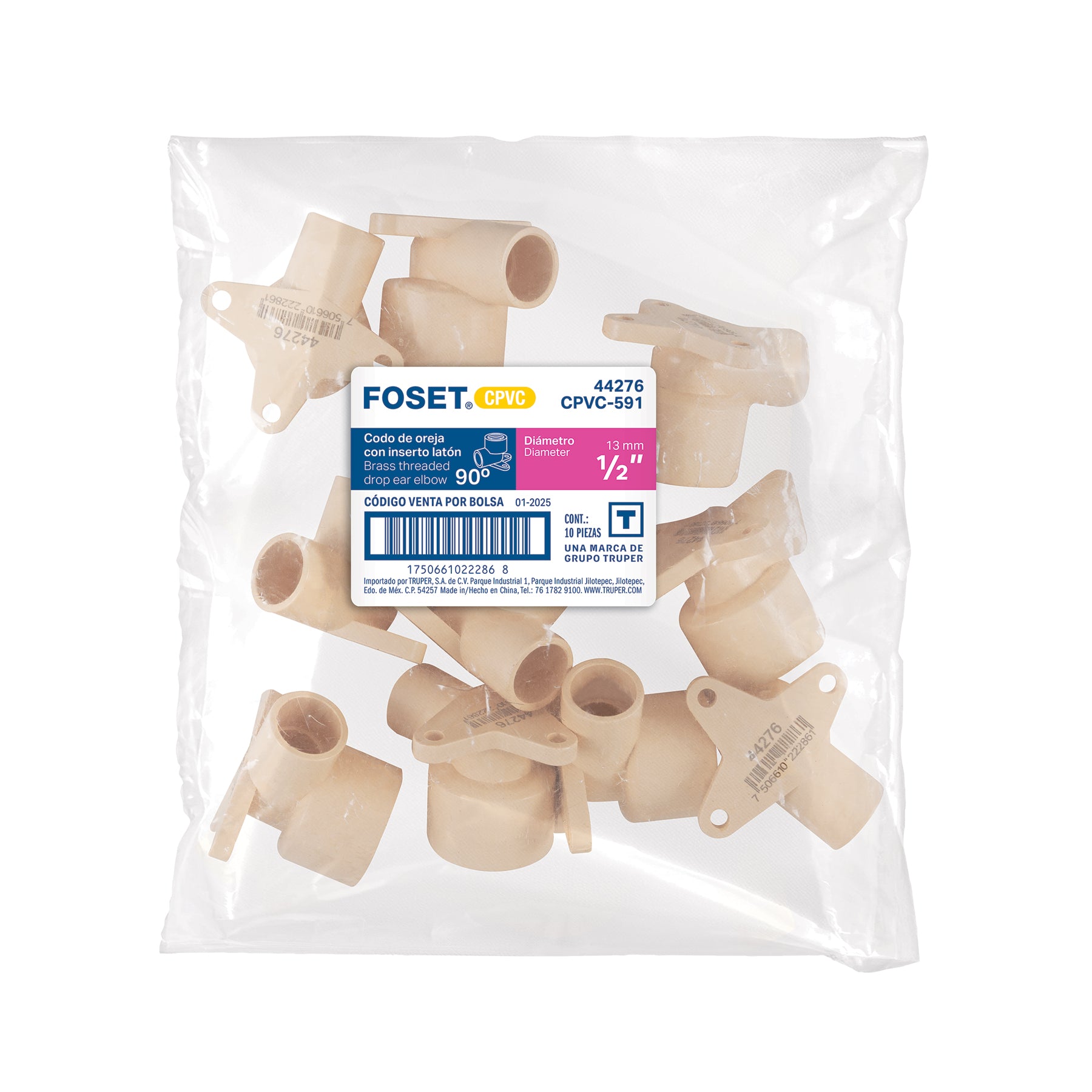 Codo oreja 90° CPVC 1/2" inserto metalico-laton FOSET