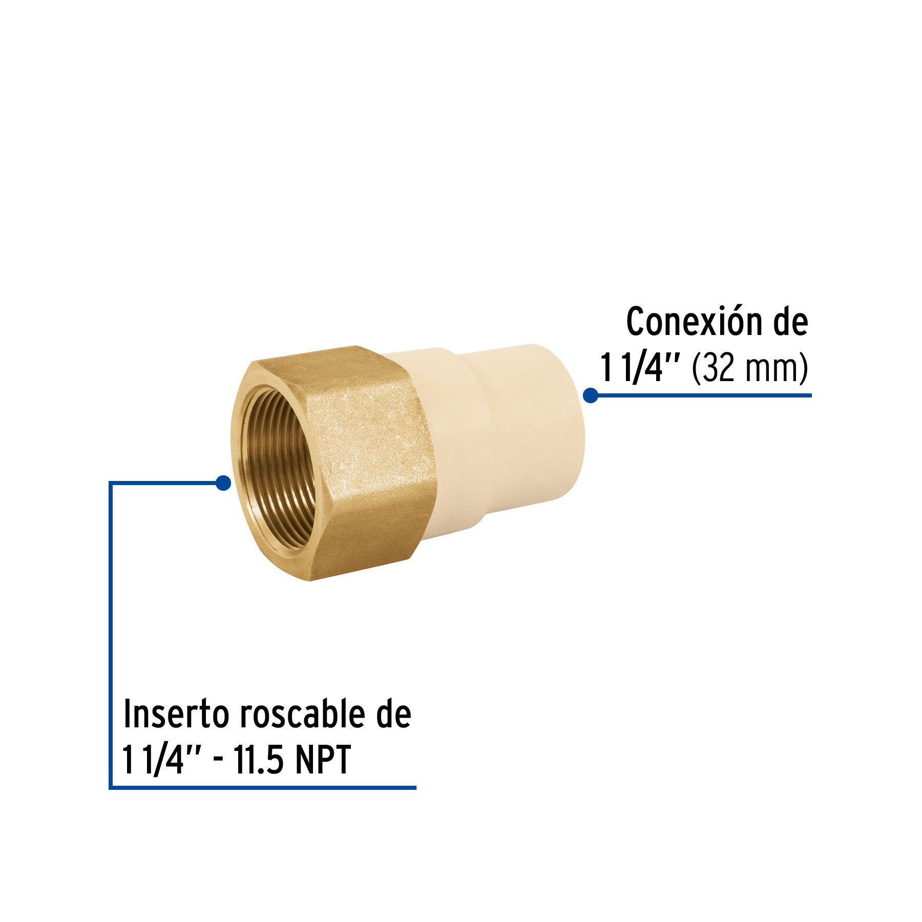 Adaptador hembra de CPVC 1-1/4' con inserto de latón, FOSET