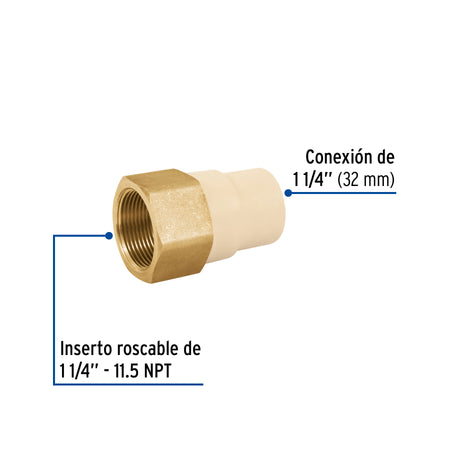 Adaptador hembra de CPVC 1-1/4' con inserto de latón, FOSET