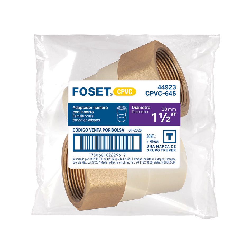 Adaptador CPVC, 1-1/2', hembra inserto metálico-latón, FOSET
