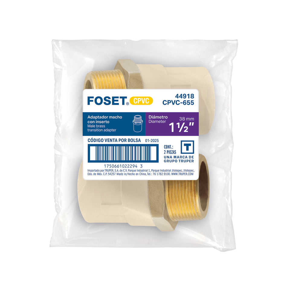 Adaptador CPVC, 1-1/2', macho inserto metálico-latón, FOSET