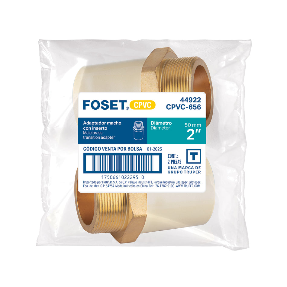 Adaptador CPVC, 2', macho inserto metálico-latón, FOSET