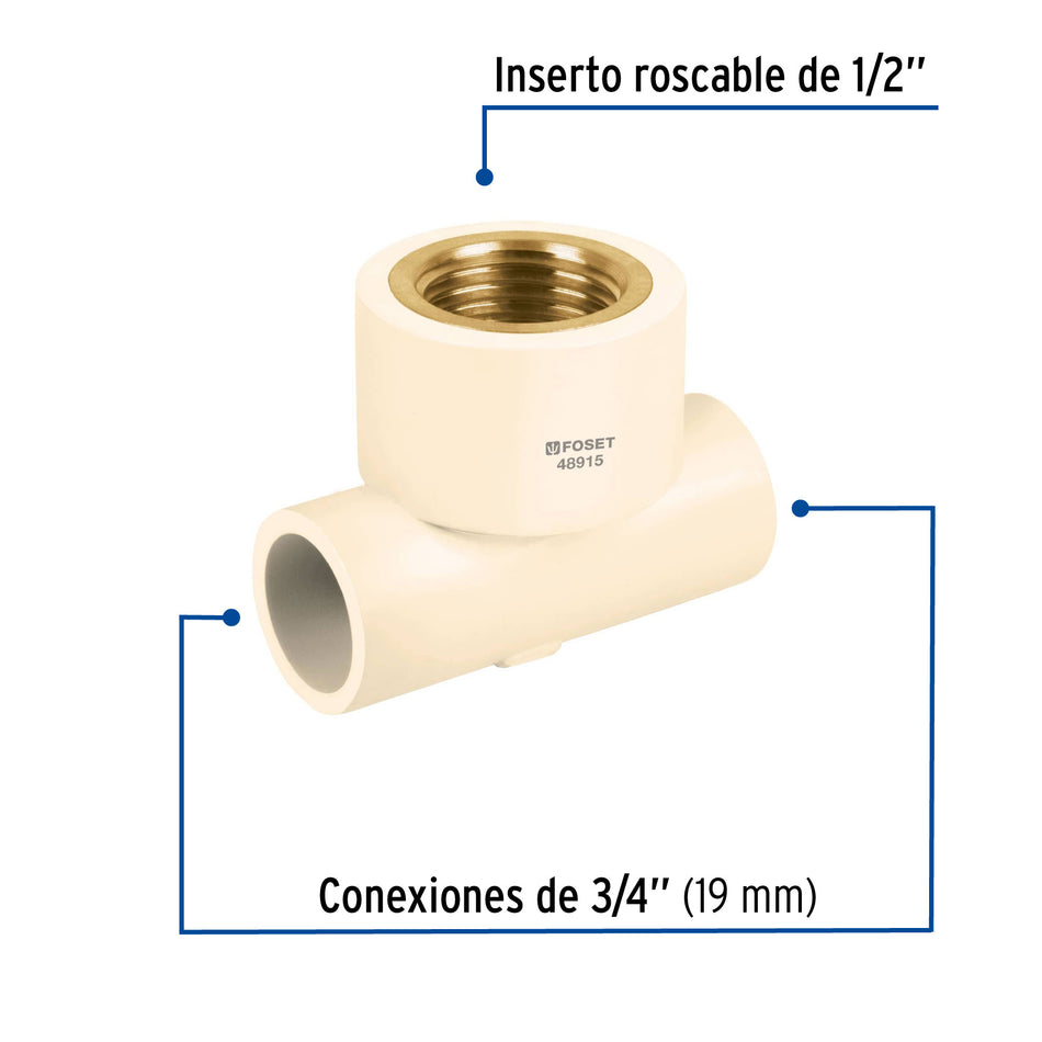Tee reducida hembra de CPVC 3/4" x 3/4" x 1/2" inserto laton