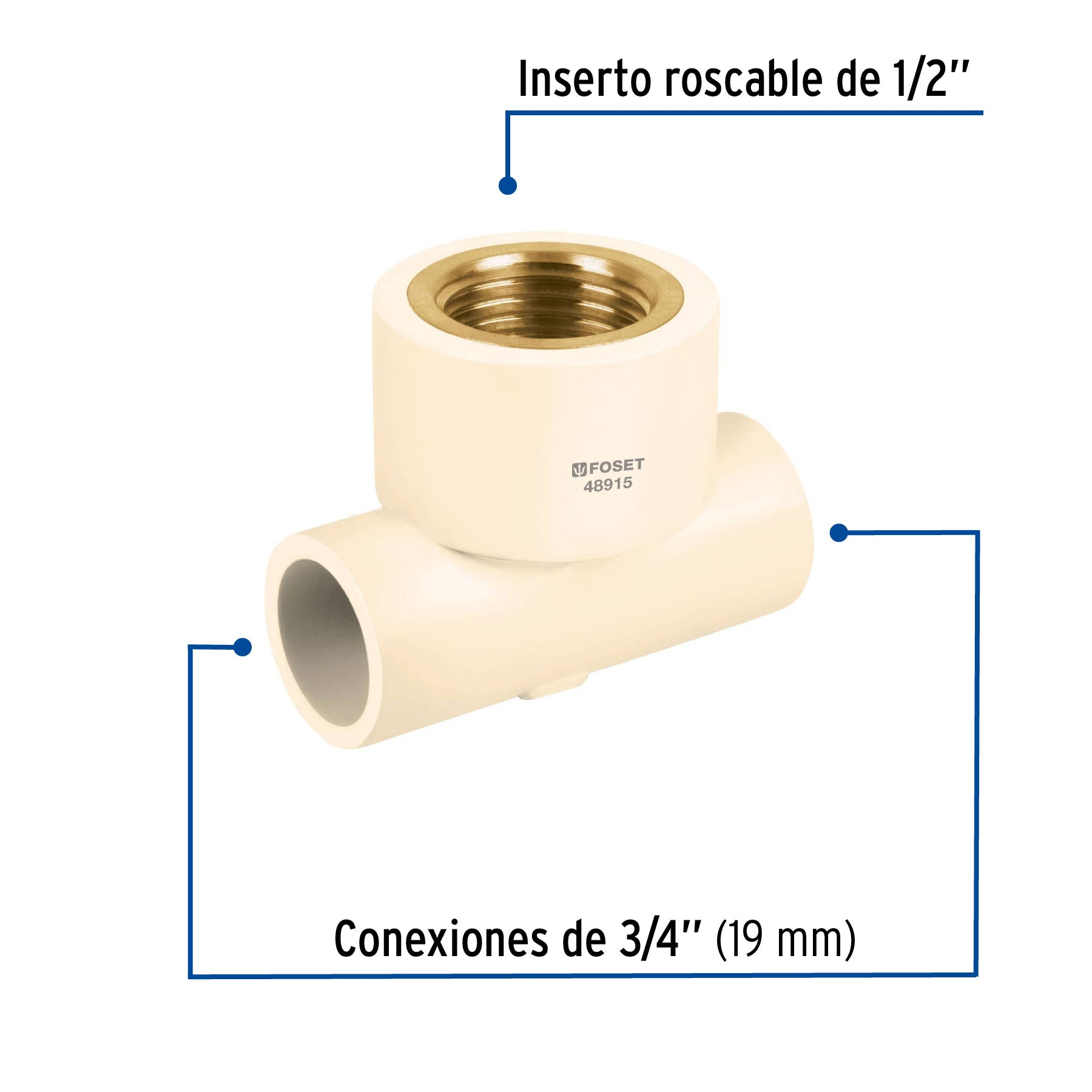 Tee reducida hembra de CPVC 3/4" x 3/4" x 1/2" inserto laton