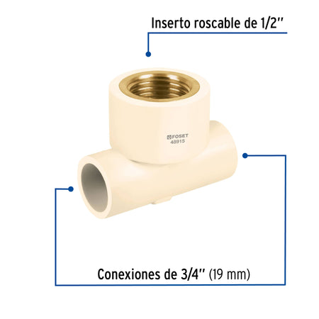 Tee reducida hembra de CPVC 3/4" x 3/4" x 1/2" inserto laton