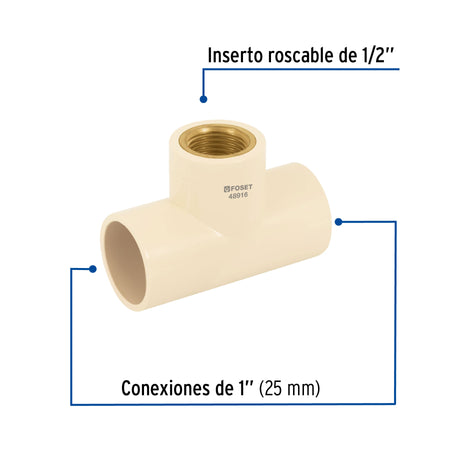 Tee reducida hembra de CPVC 1' x 1' x 1/2' inserto latón