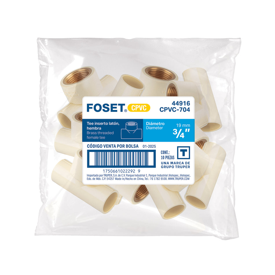 Tee de CPVC 3/4' rosca central hembra inserto latón, FOSET