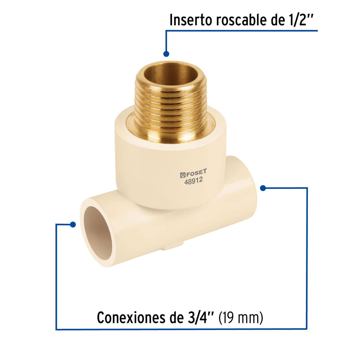 Tee reducida macho de CPVC 3/4" x 3/4" x 1/2" inserto laton