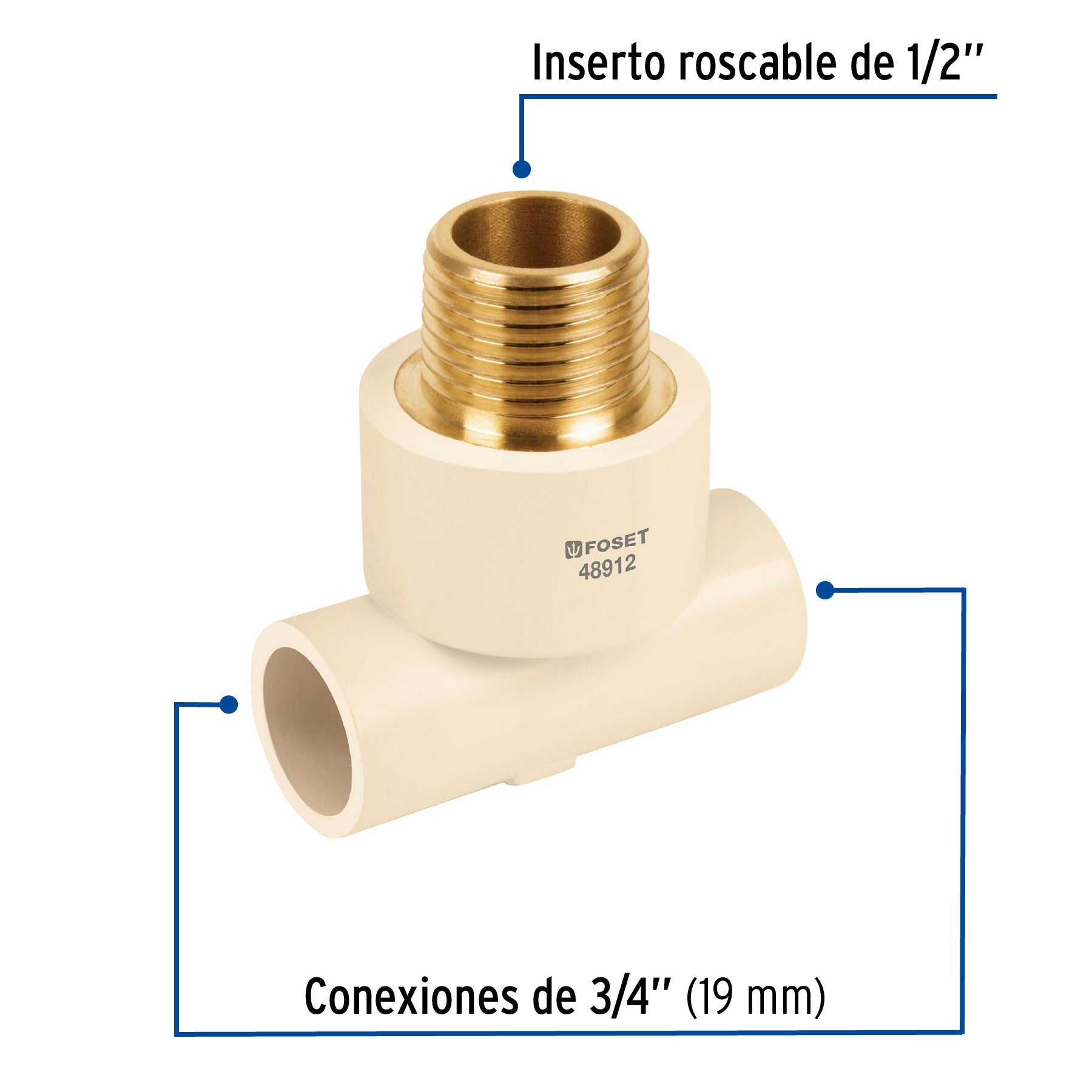 Tee reducida macho de CPVC 3/4" x 3/4" x 1/2" inserto laton