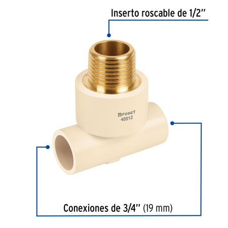 Tee reducida macho de CPVC 3/4" x 3/4" x 1/2" inserto laton