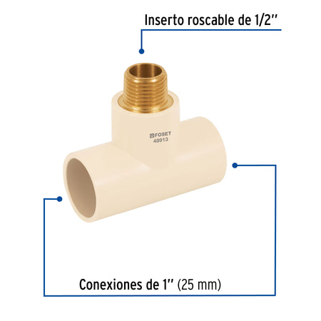 Tee reducida macho de CPVC 1' x 1' x 1/2' inserto latón