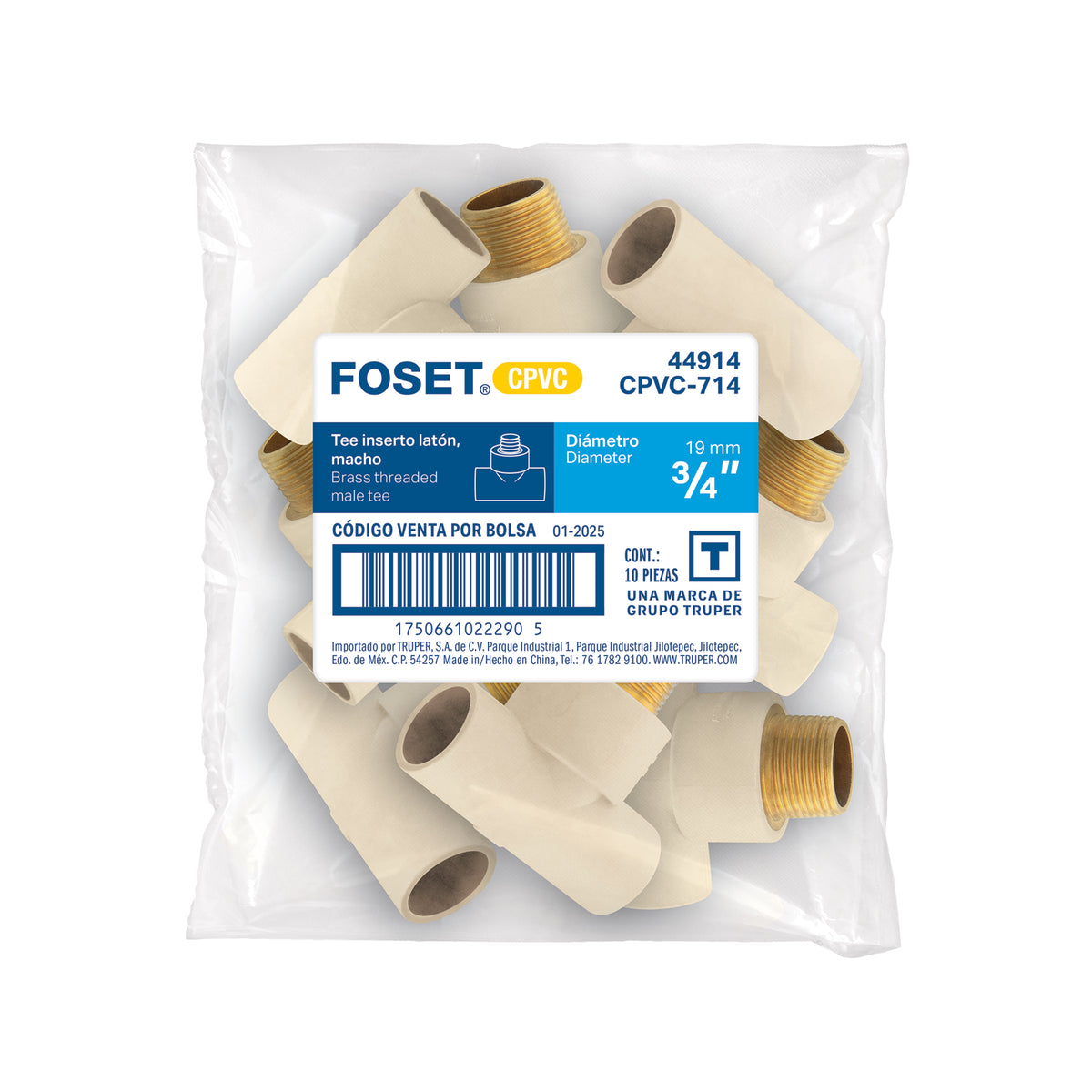 Tee de CPVC 3/4" rosca central macho inserto laton FOSET