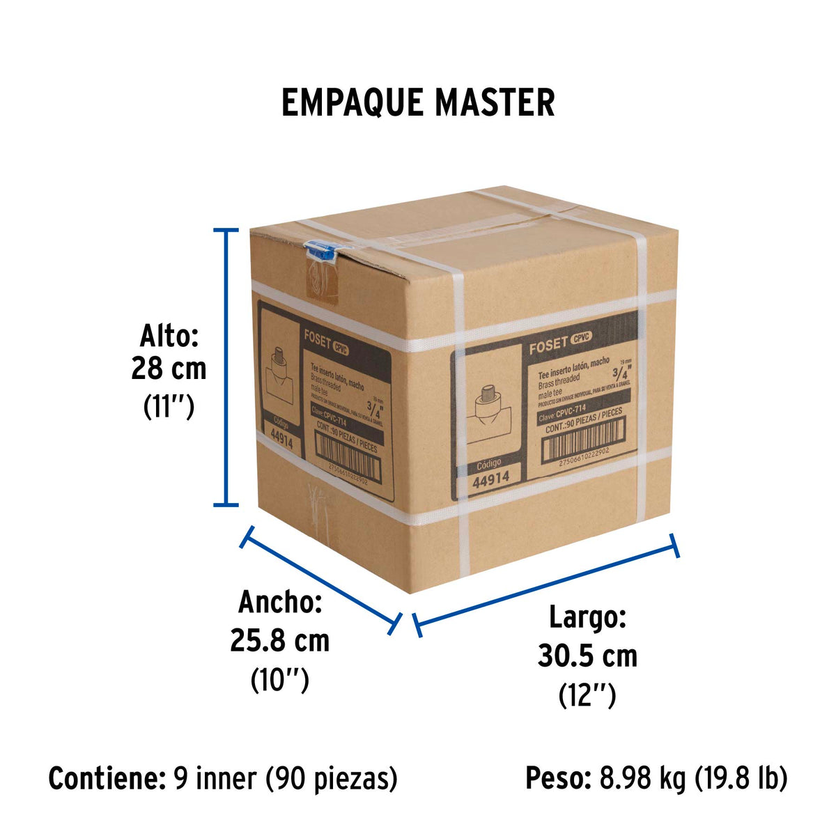 Tee de CPVC 3/4" rosca central macho inserto laton FOSET