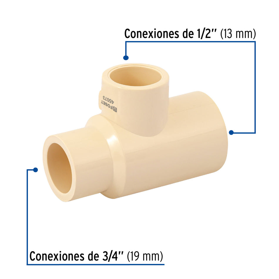 Tee reducida lateral de CPVC 3/4" x 1/2" x 1/2" FOSET