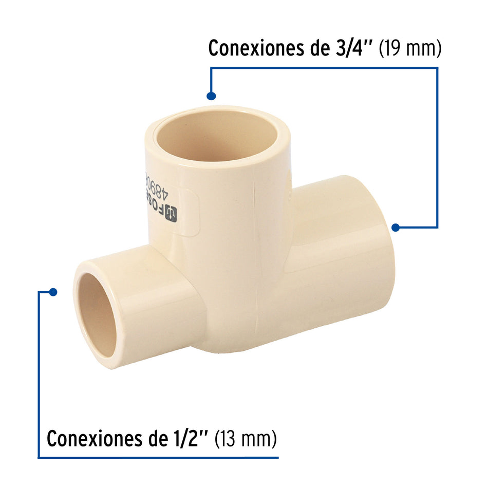 Tee reducida lateral de CPVC 3/4' x 1/2' x 3/4', FOSET
