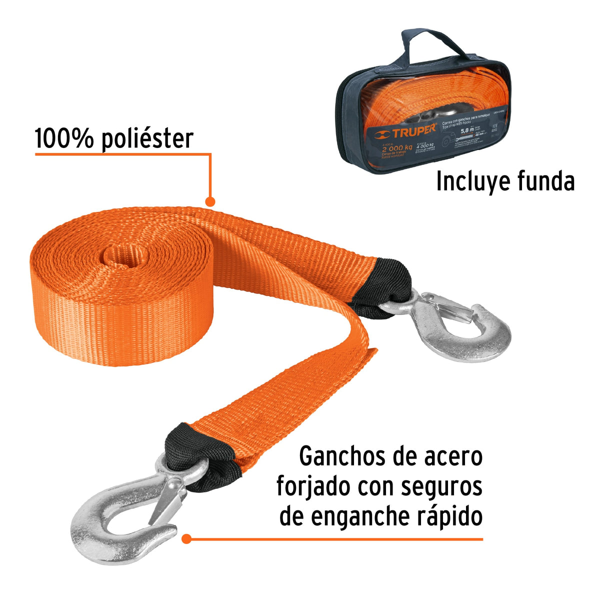 Correa con ganchos para remolque 48 mm x 5.8 m Truper