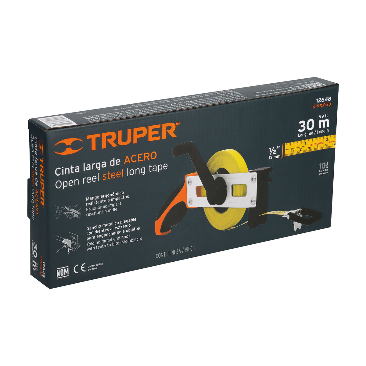 Cinta métrica larga 30 m, metálica, tipo cruceta, TRUPER 30 m