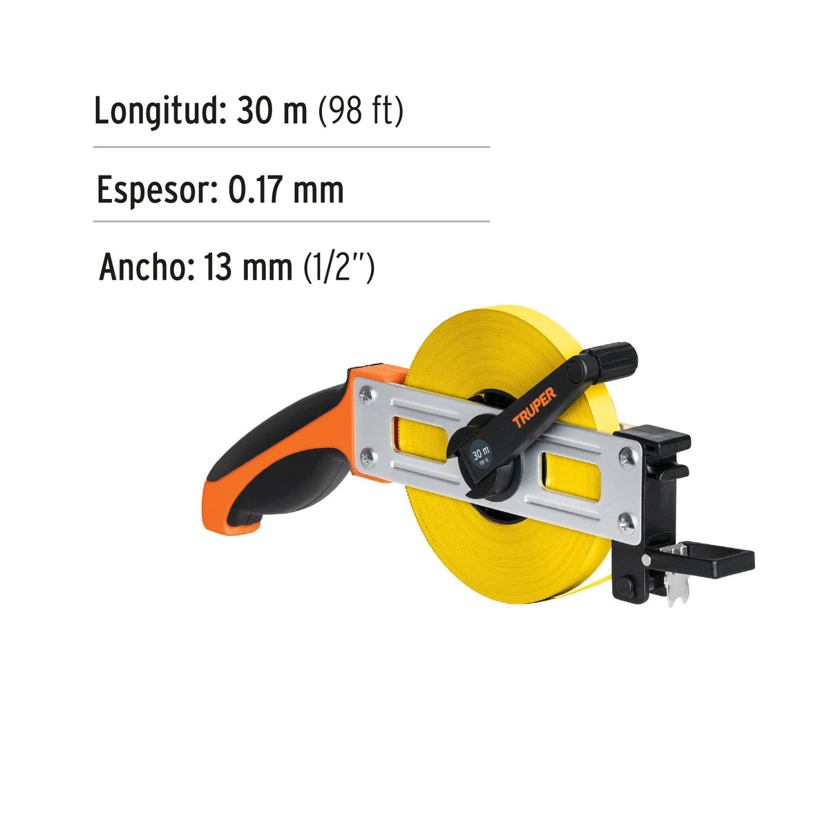 Cinta métrica larga 30 m, metálica, tipo cruceta, TRUPER 30 m