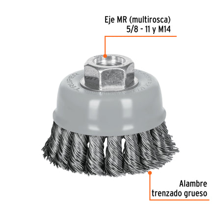 Carda copa alambre trenzado grueso Multi-rosca Truper 3"