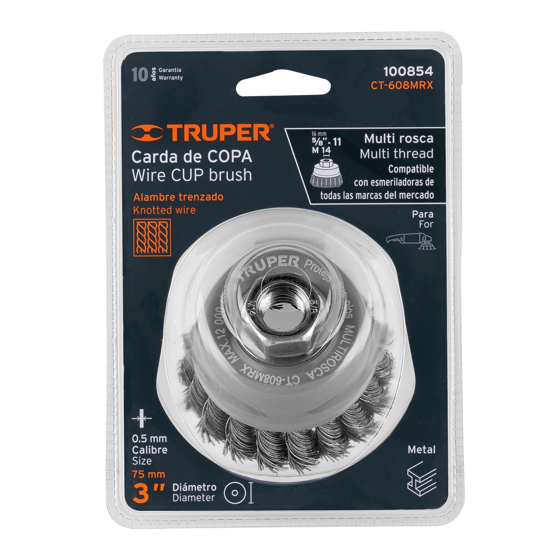 Carda copa alambre trenzado grueso Multi-rosca Truper 3"