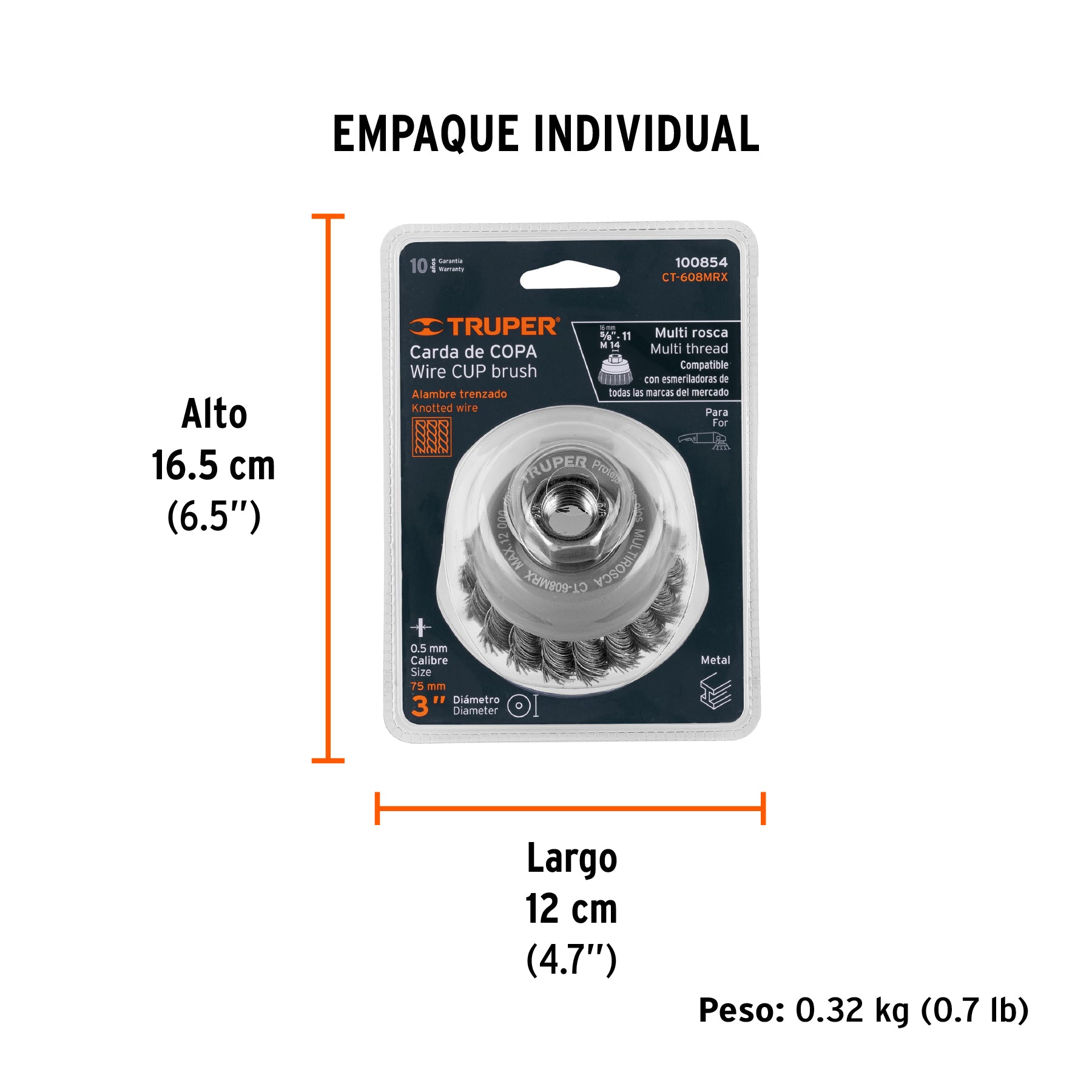 Carda copa alambre trenzado grueso Multi-rosca Truper 3"