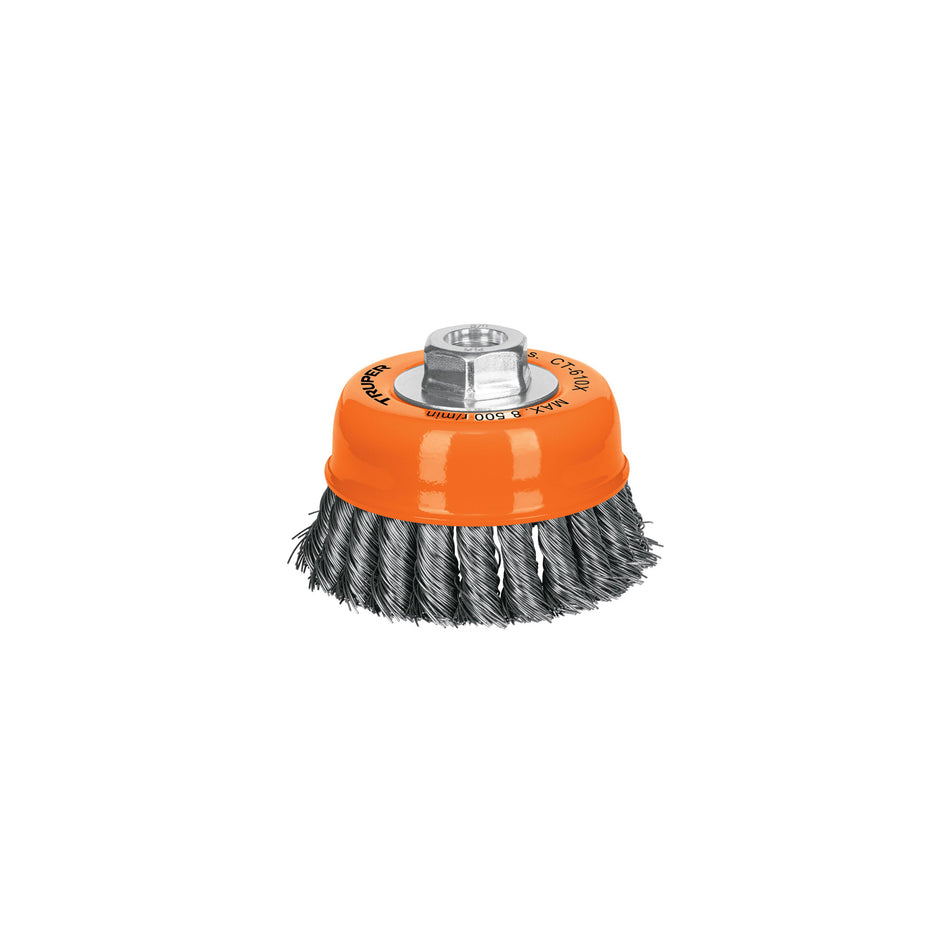 Carda copa alambre trenzado grueso, eje M14, Truper 3'