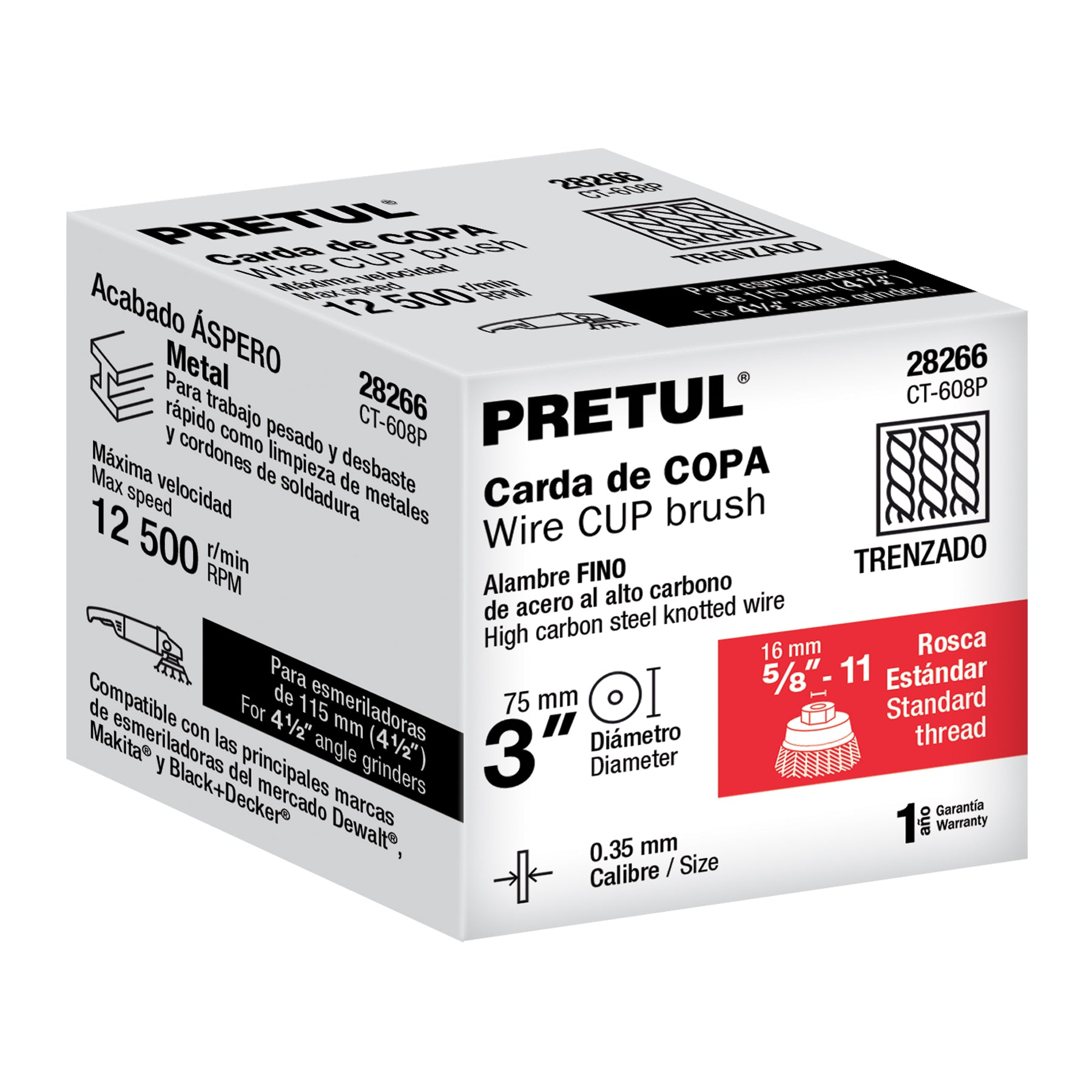 Carda copa 3' alambre trenzado fino, eje 5/8'-11, Pretul