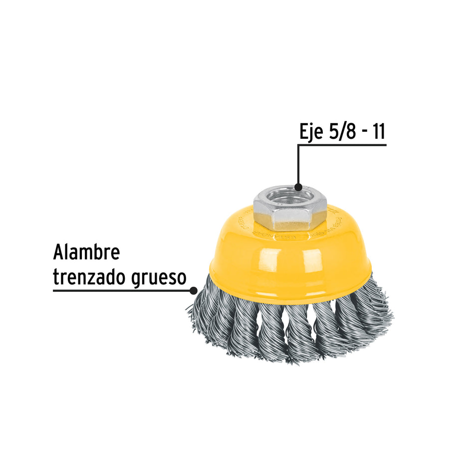 Carda copa 3' alambre trenzado grueso, eje 5/8'-11, Pretul