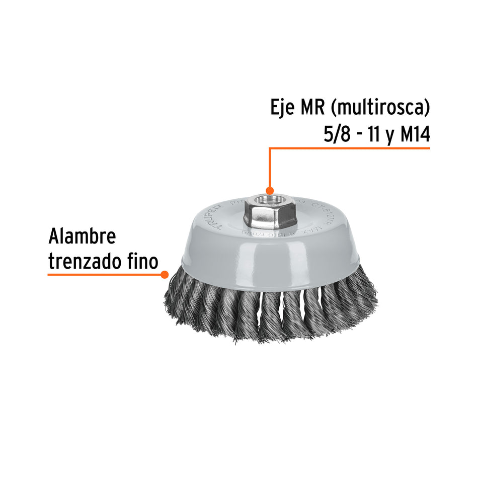 Carda copa alambre trenzado fino Multi-rosca Truper 5"