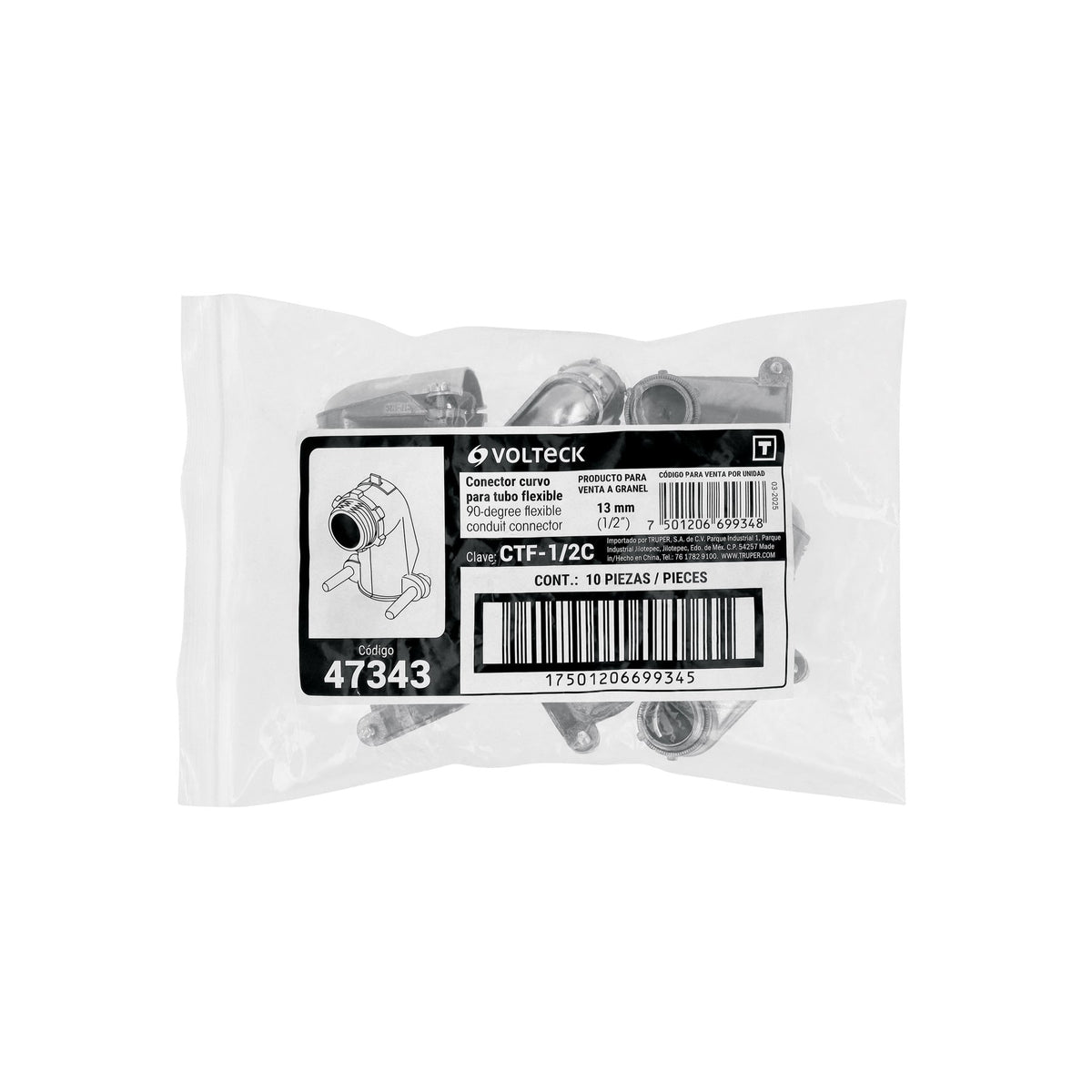 Conector curvo 1/2' para tubo flexible metálico, Volteck 1/2'