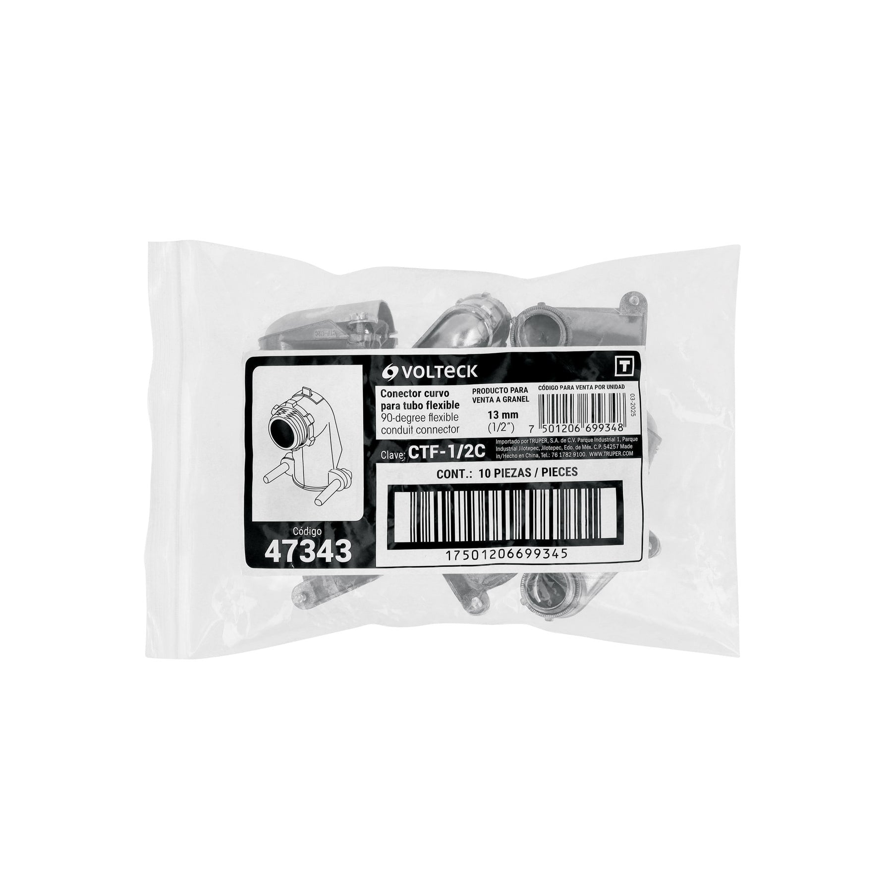 Conector curvo 1/2' para tubo flexible metálico, Volteck 1/2'