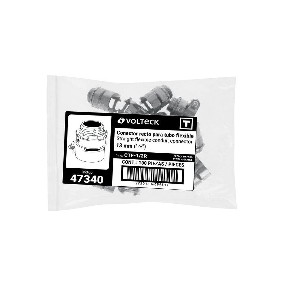 Conector recto 1/2' para tubo flexible metálico, Volteck 1/2'