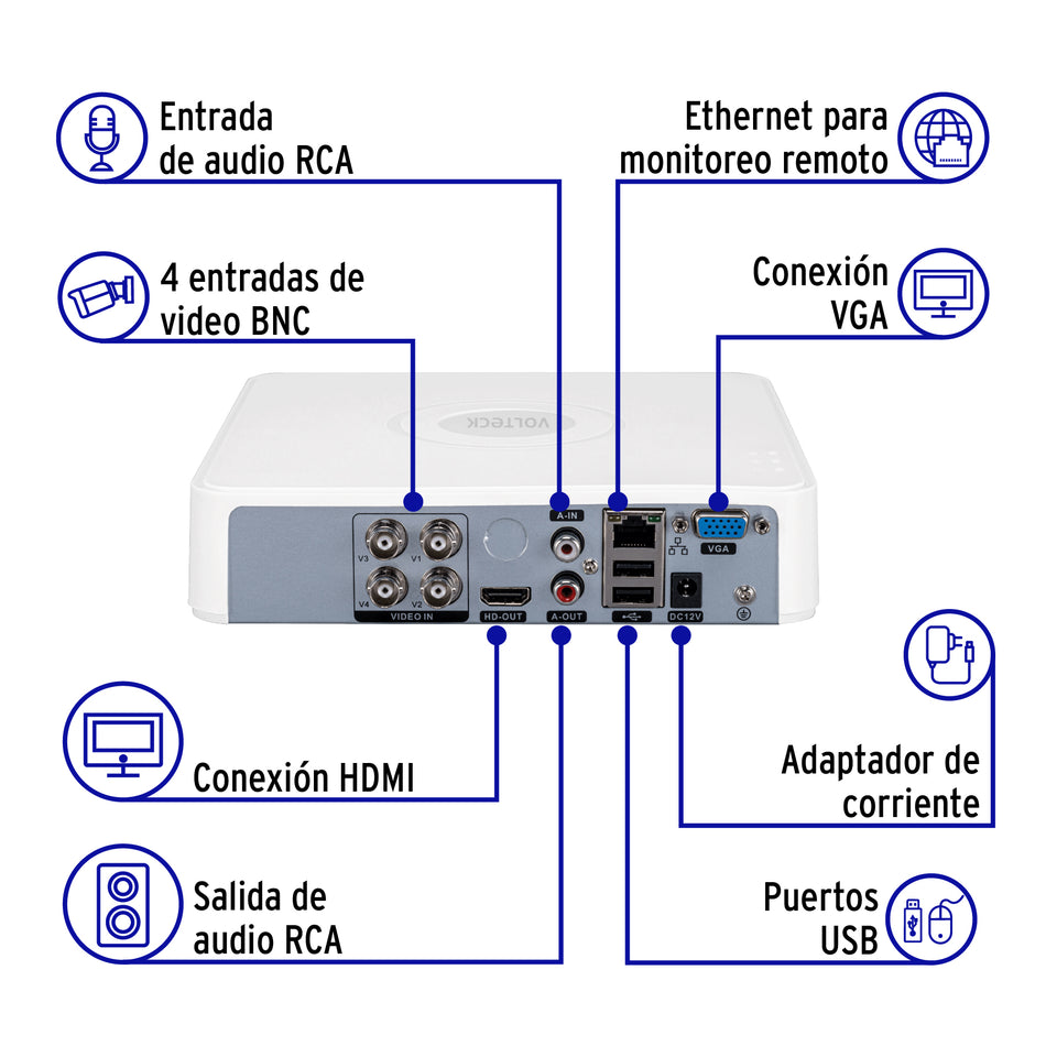 Video grabador DVR de 4 canales, 5MP, Volteck