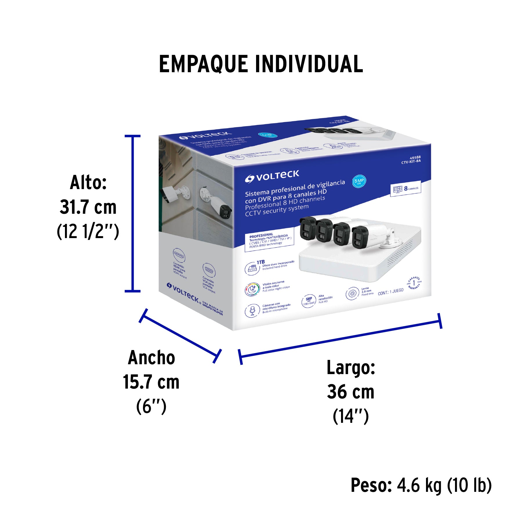 Kit video vigilancia, 8 canales, 4 cámaras, 5MP, Disco 1TB