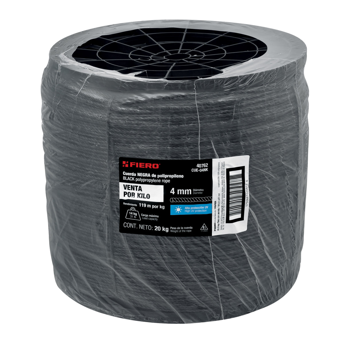 Kilo de cuerda negra de polipropileno 4 mm, carrete 20kg
