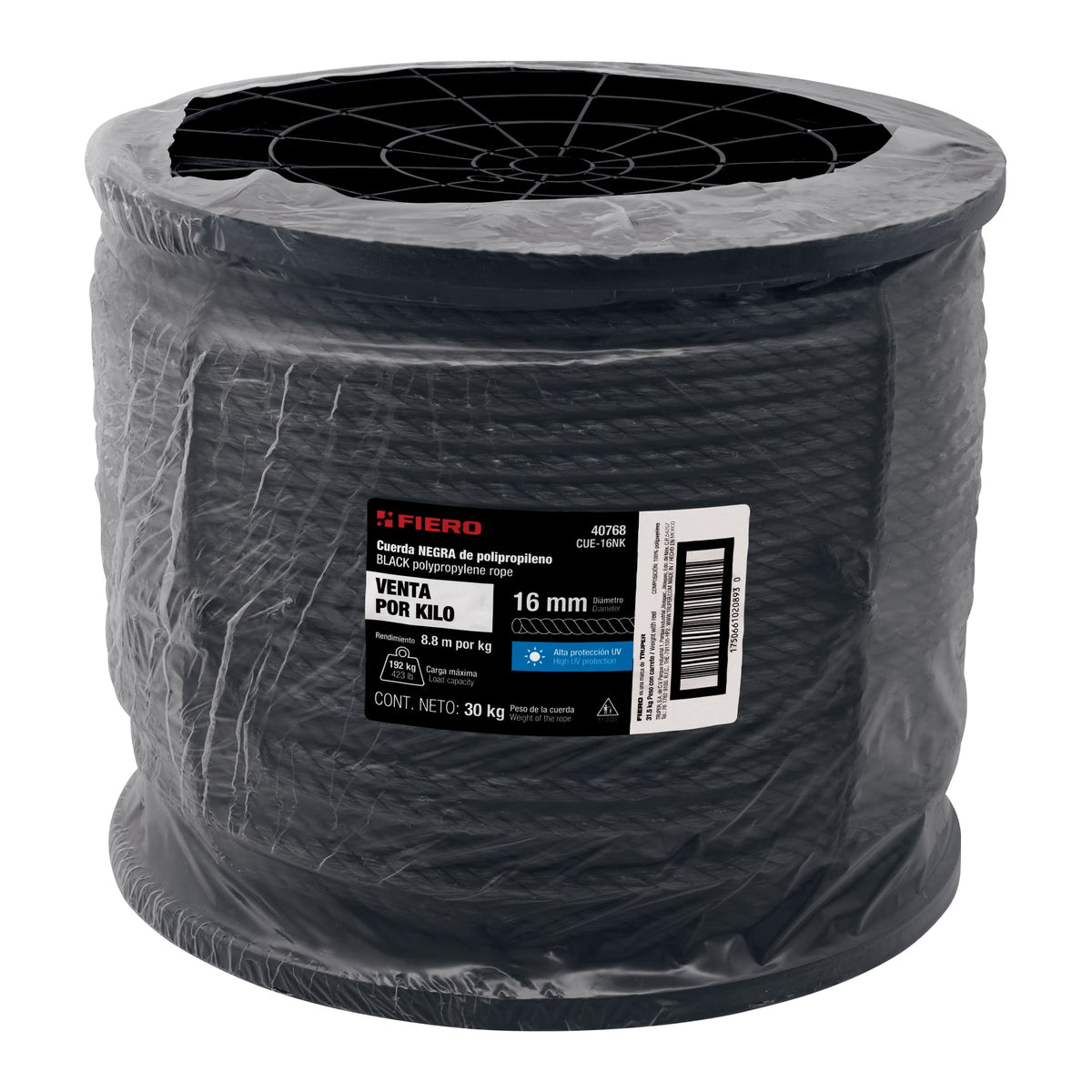 Kilo de cuerda negra de polipropileno 16 mm, carrete 30kg