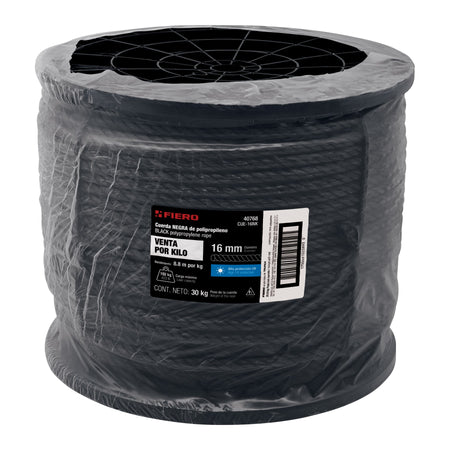 Kilo de cuerda negra de polipropileno 16 mm, carrete 30kg