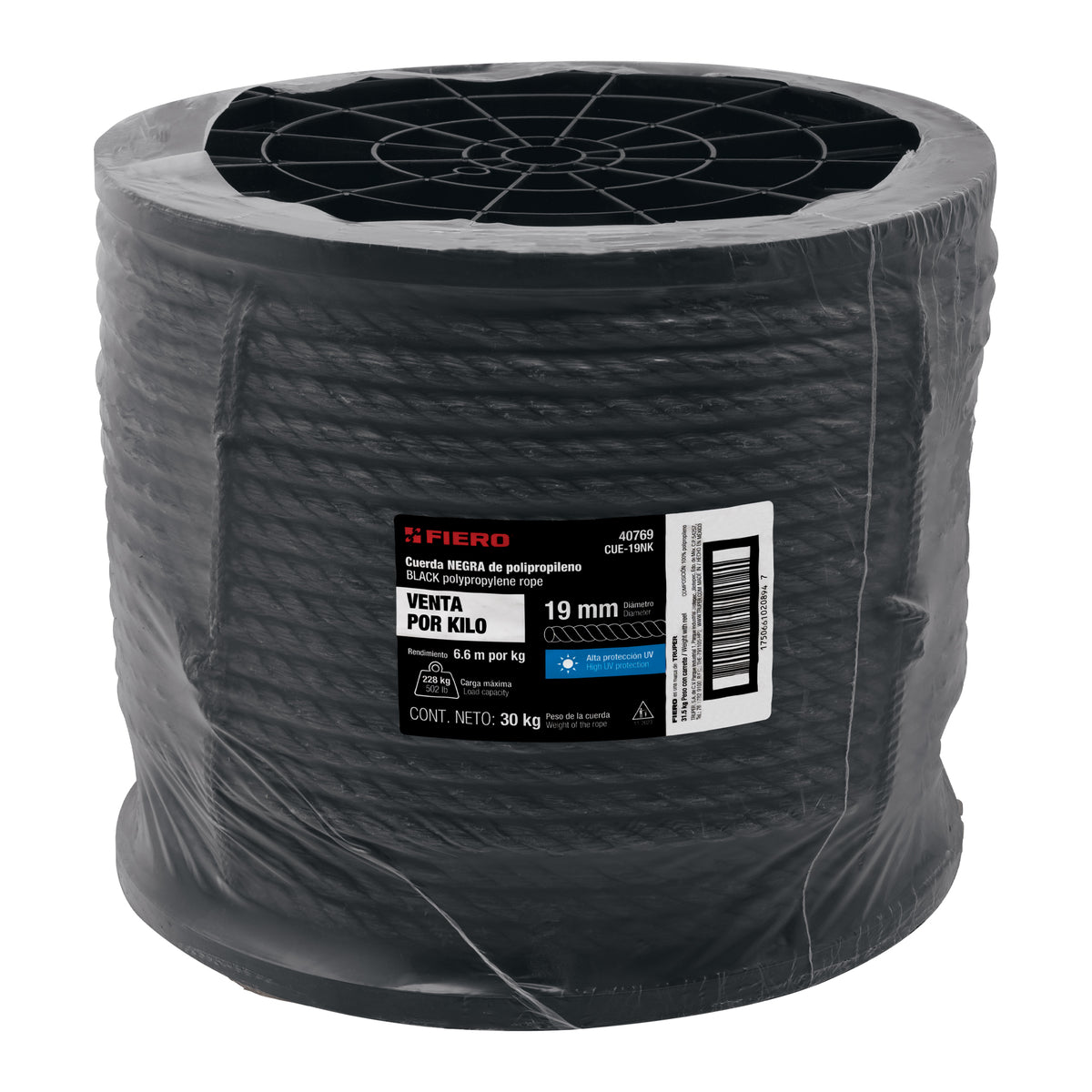 Kilo de cuerda negra de polipropileno 19 mm, carrete 30kg