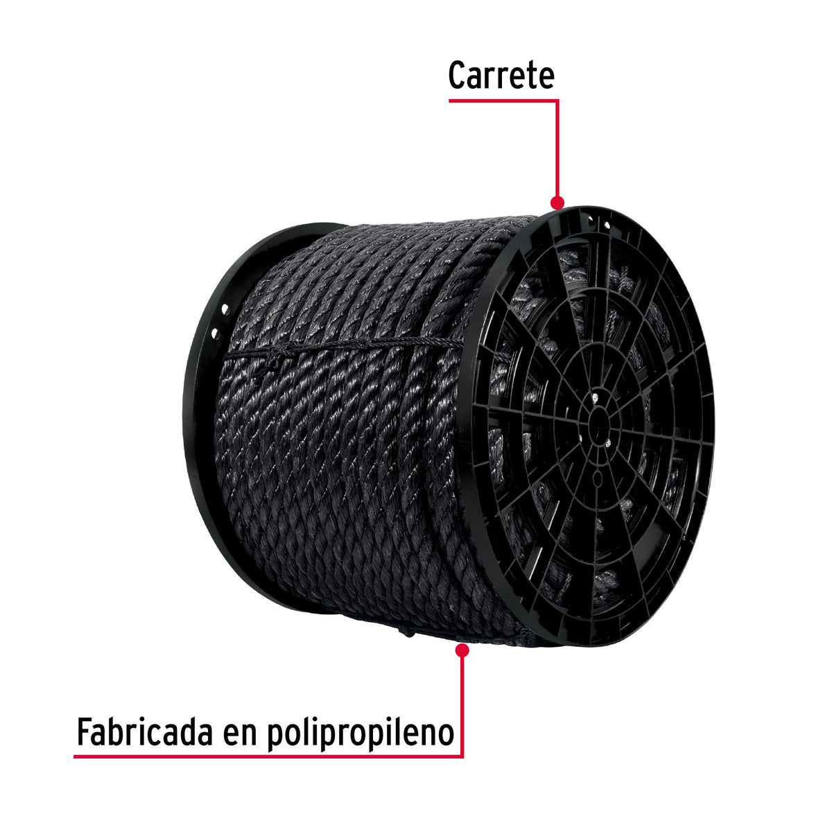 Kilo de cuerda negra de polipropileno 25 mm, carrete 30kg