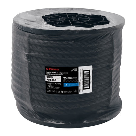 Kilo de cuerda negra de polipropileno 25 mm, carrete 30kg