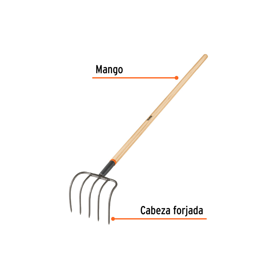 Cultivador forjado, 5 dientes, mango de madera 60', TRUPER