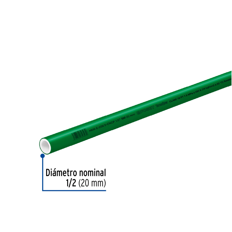 Tubo de 20mm (1/2') PPR hidráulico, 4m, 0.5kg, FOSET
