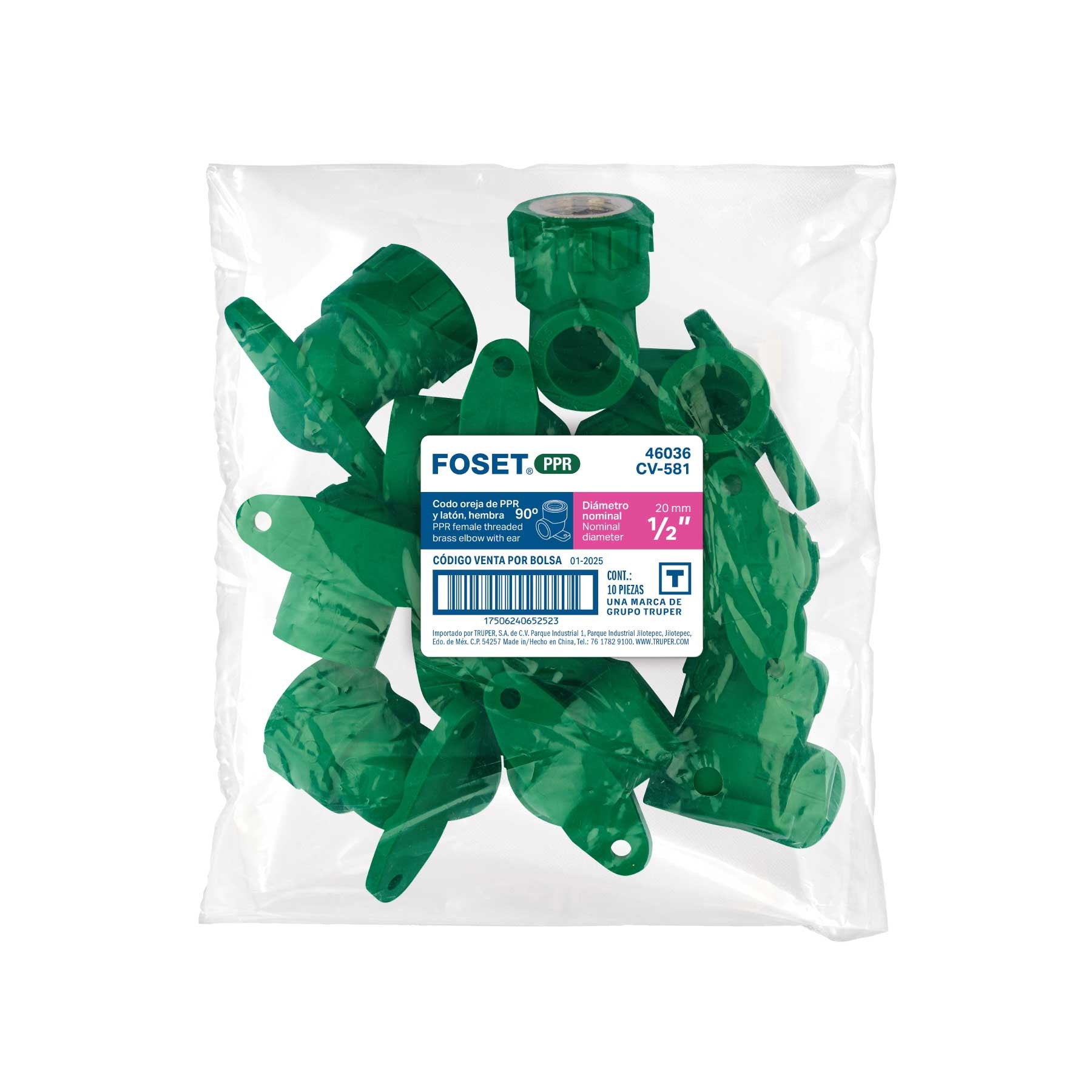 Codo oreja 90° PPR, 1/2', hembra con inserto metálico, FOSET