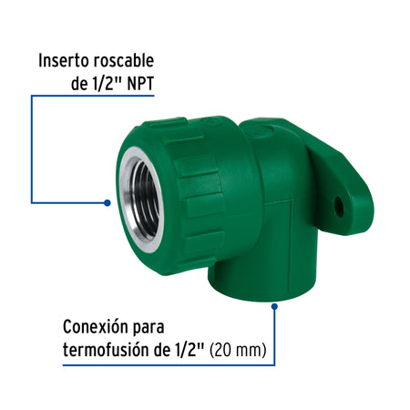 Codo oreja 90° PPR, 1/2', hembra con inserto metálico, FOSET