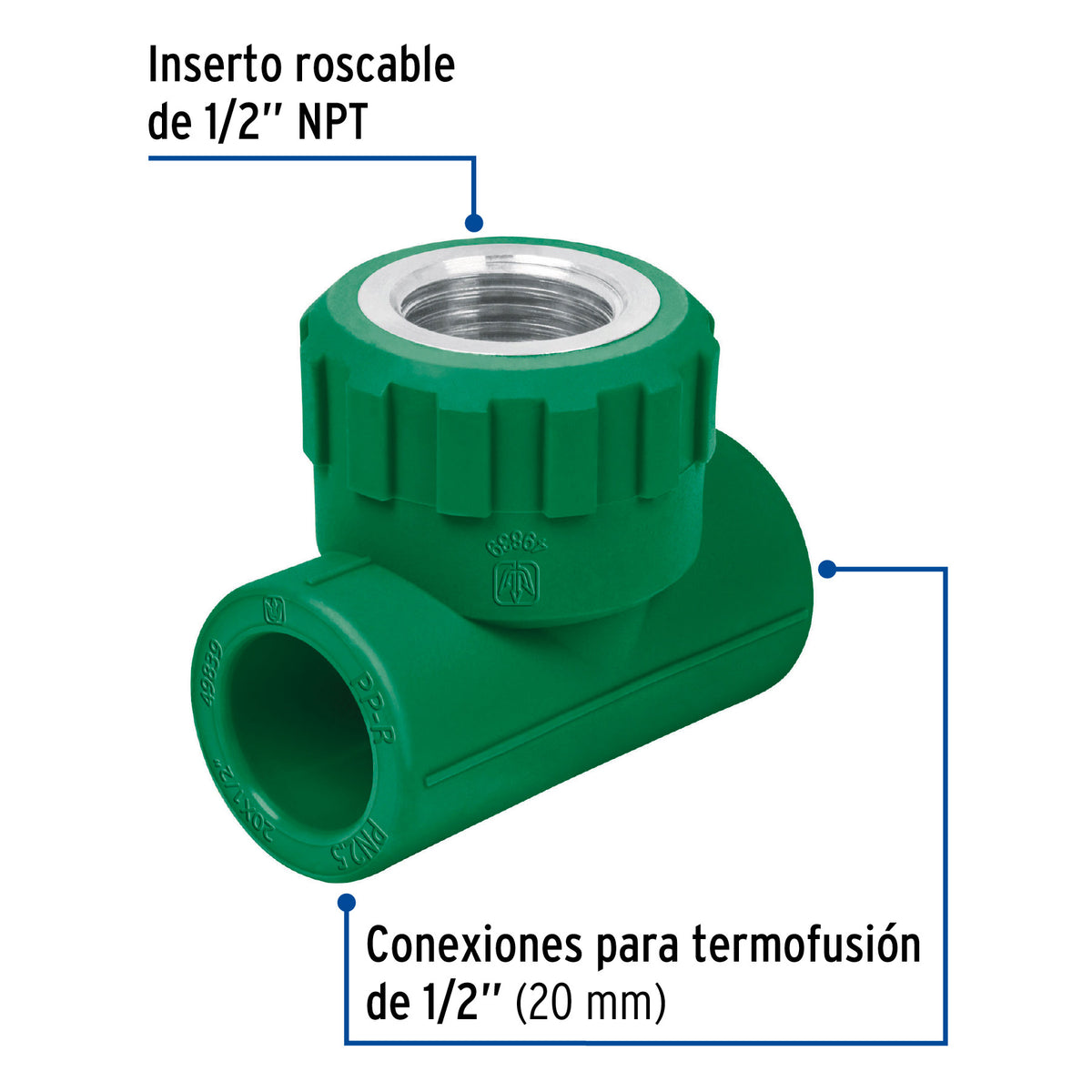 Tee hembra de PPR 1/2' con inserto metálico, FOSET